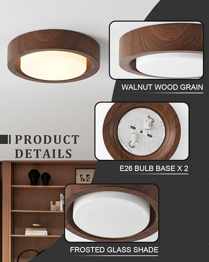 Walnut Wood Flush Mount Ceiling Light Fixture,13 Inch Ceiling Light with Frosted Glass Shade,High Deep Profile Round Ceiling Lights for Hallway Bedroom Closet Livingroom