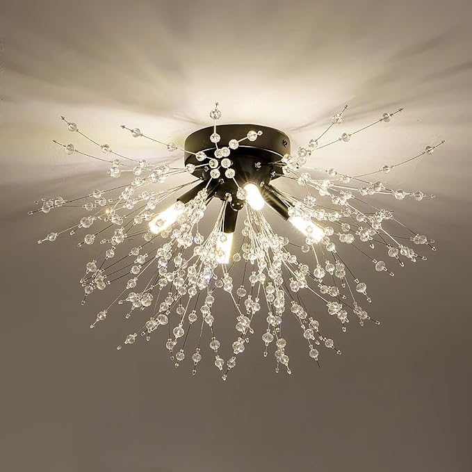 Modern Black Crystal Ceiling Light Fixture, 4-Light Mini Crystal Sputnik Firework Chandelier, Semi Flush Mount Ceiling Light Fixtures for Bedroom Kitchen Hallway Entryway Bathroom Closet(Matt Black)