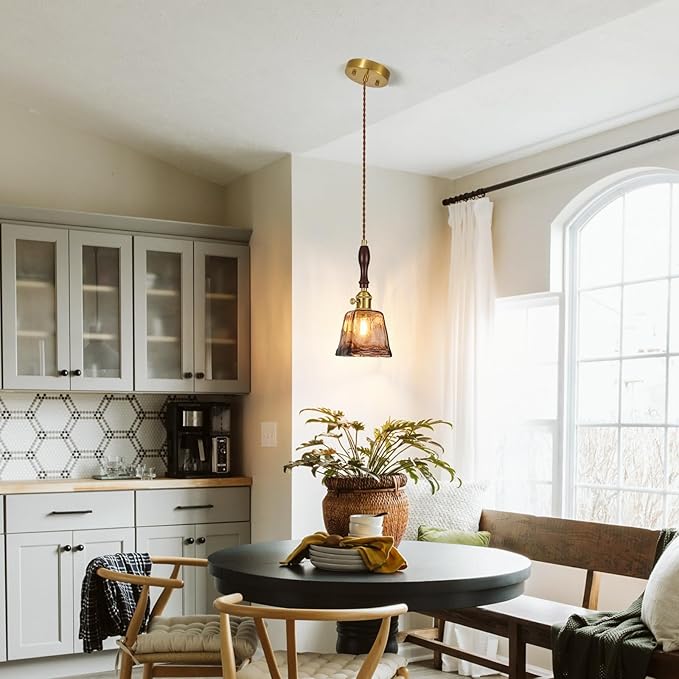 Amber Glass Vintage Pendant Light Height Adjustable Handmade Glass Pendant Lights Kitchen Island Gold Hanging Light Fixture with Wood Handle for Bedroom Dining Room Hotel (1 Pack)