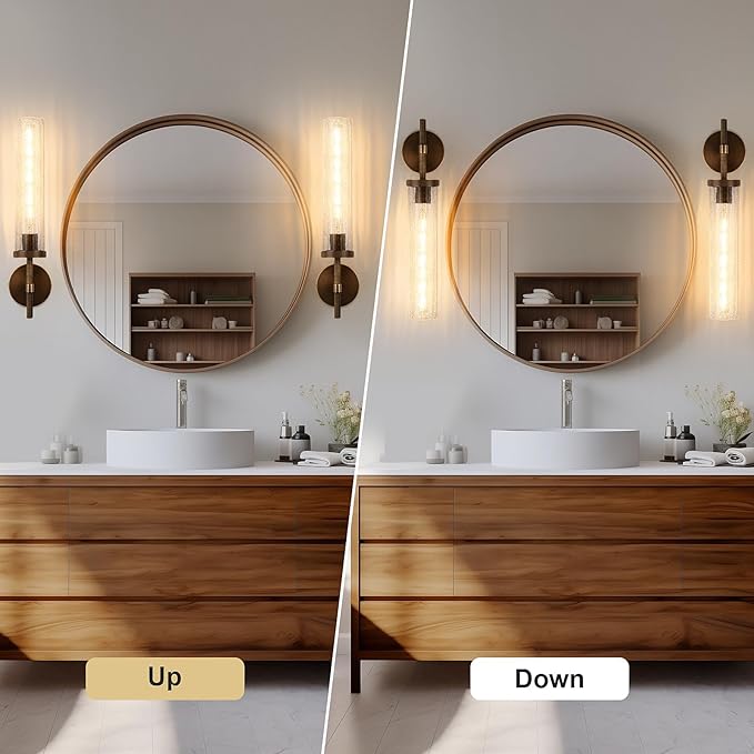 19.5" Knurled Brass Wall Sconces Set of 2, Bronze Bathroom Vanity Light Fixtures with Crackle Glass Tube, Modern Lamp Lighting for Bedroom, Living Room, Hallway, Staircase, Mirror, Kitchen