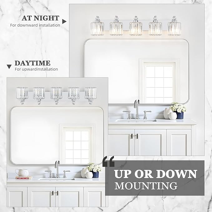 5-Light Modern Bathroom Light Fixture Chrome Vanity Lights Over Mirror Wall Sconce Lighting with K9 Crystal Shades Bathroom Wall Lamp E26 Base for Bedroom, Living Room, Hallway