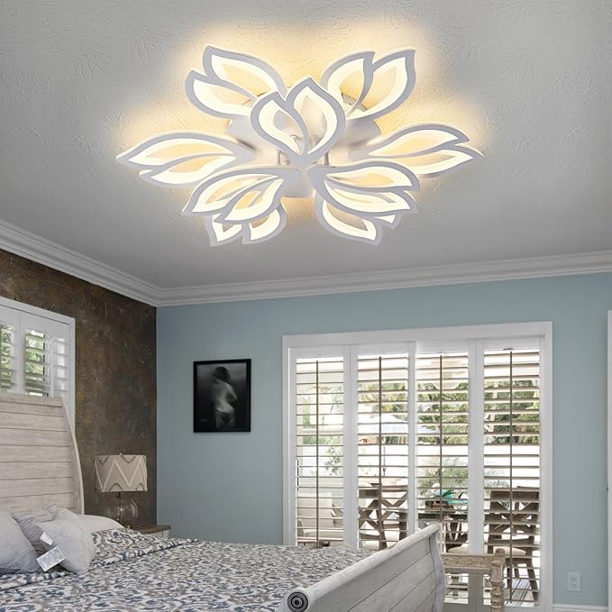 Modern Ceiling Light with APP & Remote Control, Dimmable LED Flush Mount Chandelier with 3-Color, Black Acrylic Flower Ceiling Light Fixture for Living Room Dining Room Bedroom Kitchen-9-Leaves