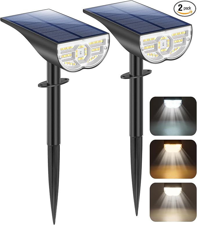 Solar Spot Lights Outdoor 5 Modes, 44LEDs Bright Landscape Spotlights Solar Powered 3 Colors Changing, IP67 Waterproof Auto On-Off Dusk Dawn Solar Outdoor Lighting for Yard Garden Outside Tree, 2-Pack