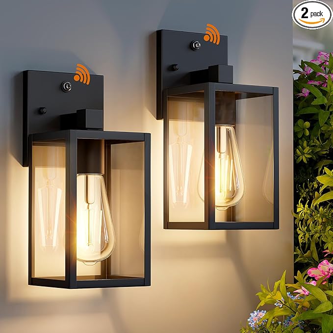 2 Pack Dusk to Dawn Exterior Lighting Fixtures Wall Mount, Sensor Outside Front Porch Lights for House, Outdoor Lantern Lamp, Waterproof Wall Sconce Lights, Black Coach Light for Garage Entryway