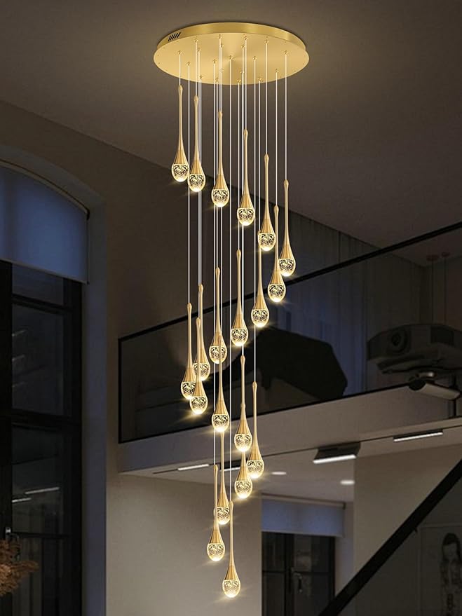 ykolupty 138'' High Ceiling Chandelier for Entryway Gold Raindrop Crystal Chandeliers for Living Room Foyer Staircase Flush Mount Sloping Ceiling Pendant Light Fixture LED Dimming 2700k-6000k