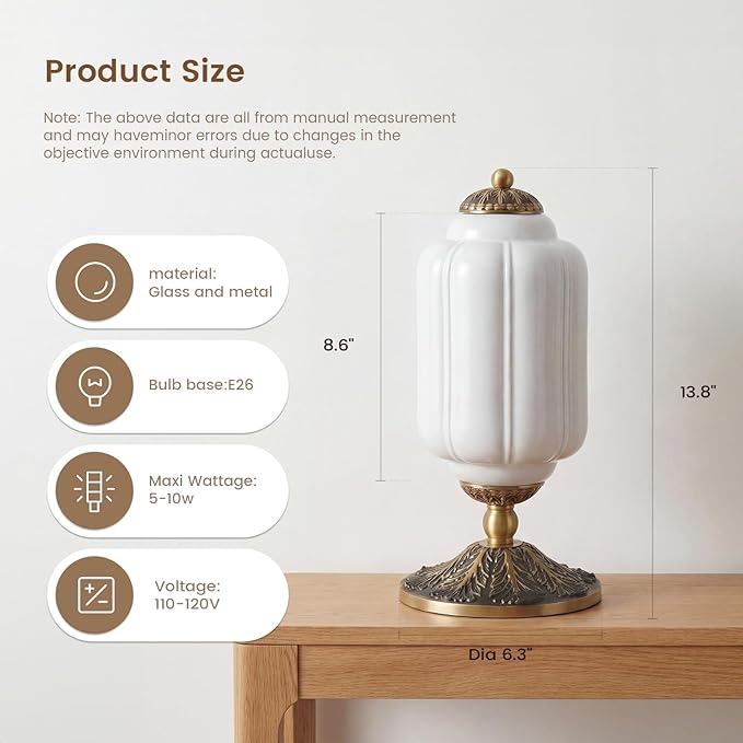 Milk Glass Table Lamp - Modern Farmhouse Design with Antique Brass Finish Base, White Desk Light for Living Room & Bedroom Decor (White 15")