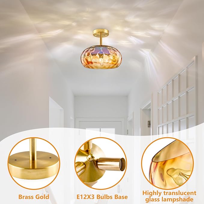 Vintage Ceiling Light Fixture, 12''& 3-Light Amber Indoor Semi Flush Mount Ceiling Light, Brass Rainbow Lampshade for Farmhouse, Bedroom, Kitchen, Living Room, Hallway Bulbs Not Included