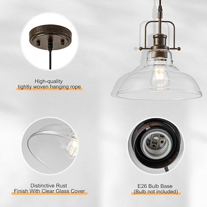 WILON Pendant Lights Kitchen Island Lighting, 11" Rust-Coloured Farmhouse Hanging Light Fixture, Kitchen Pendant Lighting Over Island Clear Glass Shade for Dining Hallway Entryway Bar