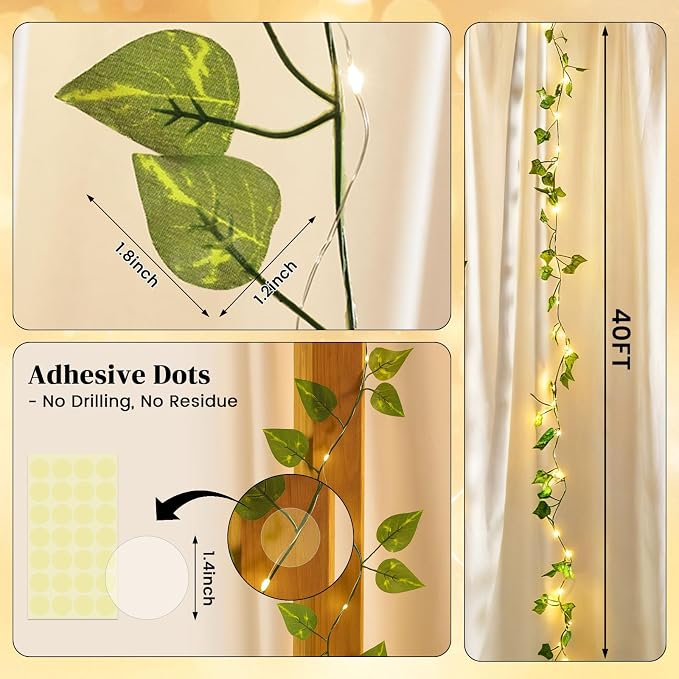DomeStar 40Ft 120 LED Pothos Vines String Lights with Remote, Fairy Lights with Artificial Greenery Vines for Bedroom, Dorm, Wall, Wedding, Party, Indoor Outdoor Holiday Home Decor