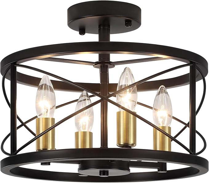 TOULMJ 4-Light Semi Flush Mount Ceiling Light, Black Gold Ceiling Light Modern Hallway Light Fixtures for Kitchen Island Entryway Laundry Room Foyer Dining Room