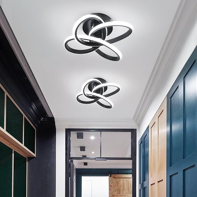 CANEOE Modern Led Ceiling Light Fixture, 6000K Small Hallway Ceiling Light, Black Close to Ceiling Lights for Hallway Bedroom Bathroom Entryway Balcony Stair Curved Design Ceiling Lamp