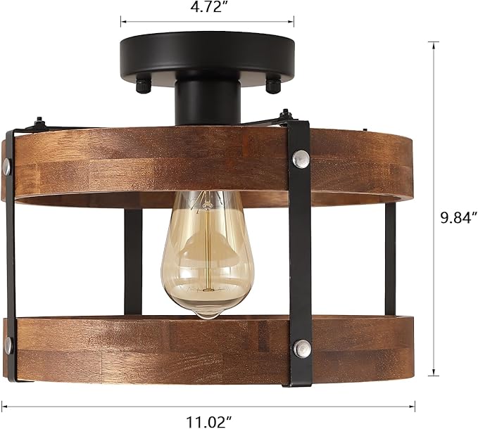 Rustic Farmhouse Wood Flush Mount Ceiling Light Fixture 1 Light Oak Wood and Metal Round Drum Semi Flush Mount Ceiling Light for Kitchen Hallway Entryway Bedroom Farmhouse Country, Black
