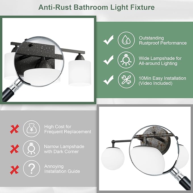 Black Bathroom Lights Over Mirror, Anti-rust Vanity Light Fixture for Bathroom, Modern 3-Light Wall Sconce Light for Living Room, Standard E26 Base, Milky White Glass Shades, Bulbs Not Included