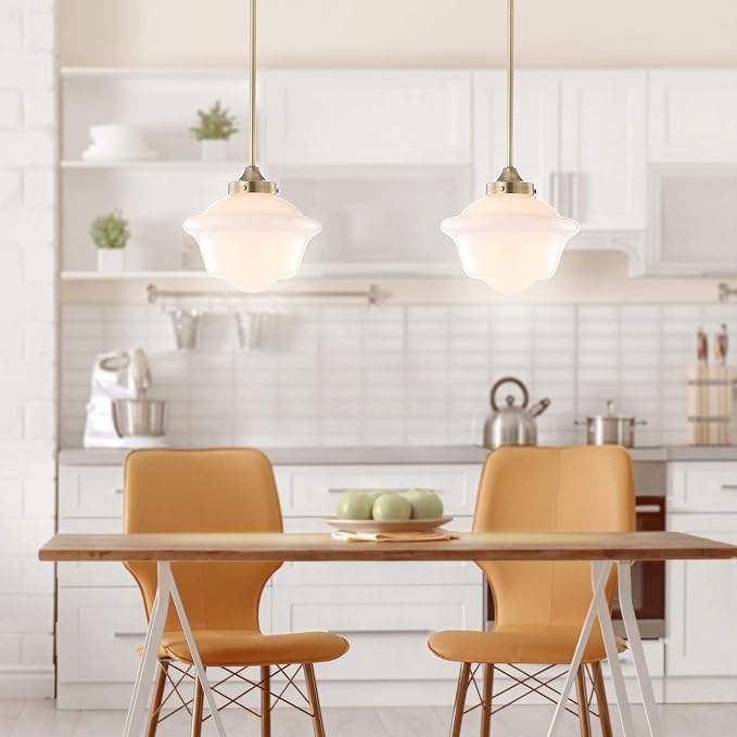 JONATHAN Y 9.5" Brass Gold/White Modern Schoolhouse LED Pendant Light Fixture, Adjustable Drop Metal Hanging Lamp with White Glass Shade for Kitchen Island, Dining Room, Foyer (JYL3517A)