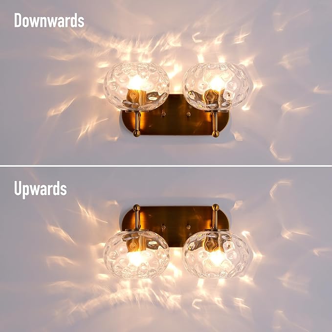 Brushed Gold Vanity Light Clear Hammered Glass Wall Sconce 2-Light Brass Wall Lamp for Hallway Living Room Stairwell Bathroom Over Mirror