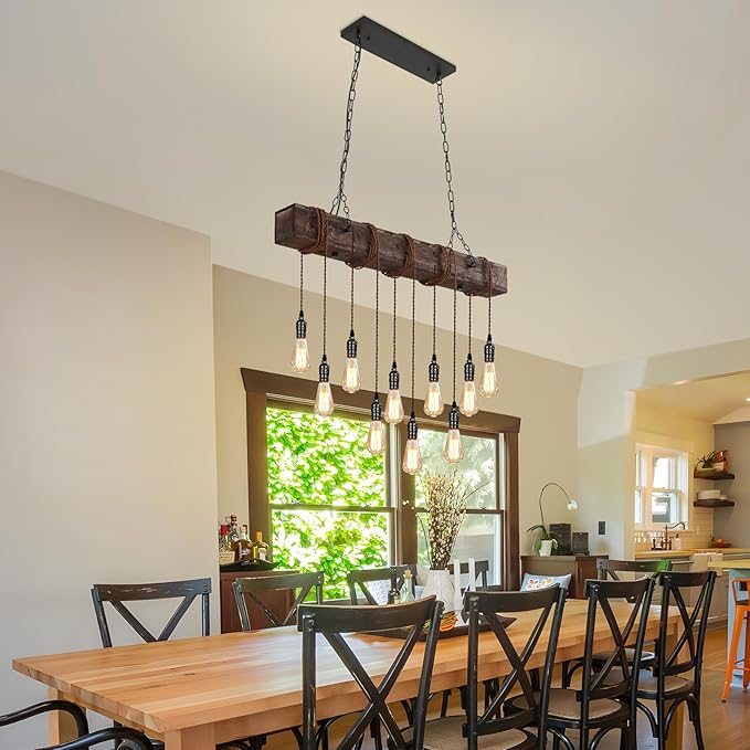 KEESFU 10-Lights Rustic Chandeliers for Dining Room, Farmhouse Wooden Ceiling Pendant Light, Height Adjustable, Rectangle Chandelier for Kitchen Island Dining Room Bar Pool Table Cabin.