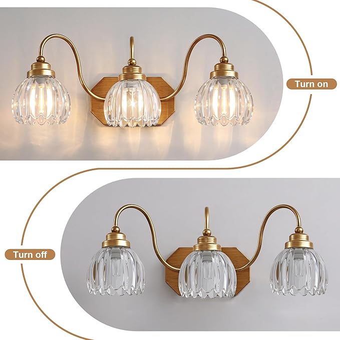 Gold Vanity Light, Vintage Bathroom Light Fixtures, 3-Light Matte Antique Brass Finish with Crystal Glass Shade, Mid Century Style Wall Sconces for Bedroom, Living Room