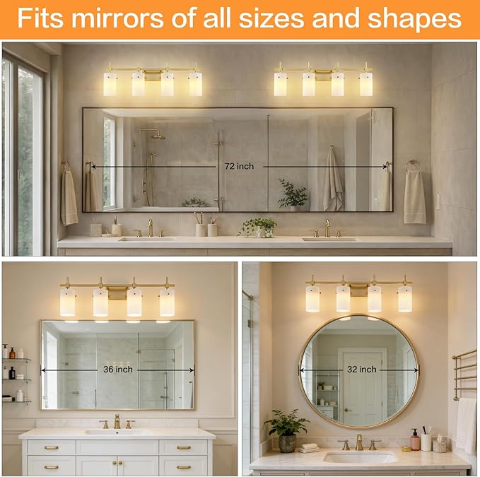 SOLFART Bathroom Light Fixtures, 4 Light Vanity Lights for Bathroom, Gold Wall Light with Milky White Glass for Mirror, Living Room, Hallway, Cabinet, E26 Base (Bulbs Not Included)
