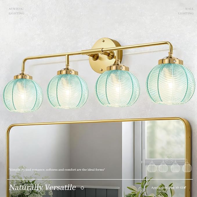 4 Light Gold Bathroom Lights Over Mirror, Vintage Wall sconces with Blue Glass Shade Bathroom Vanity Light mid Century Modern Wall Sconce Glass Wall Lighting Fixture for Bedroom Living Room