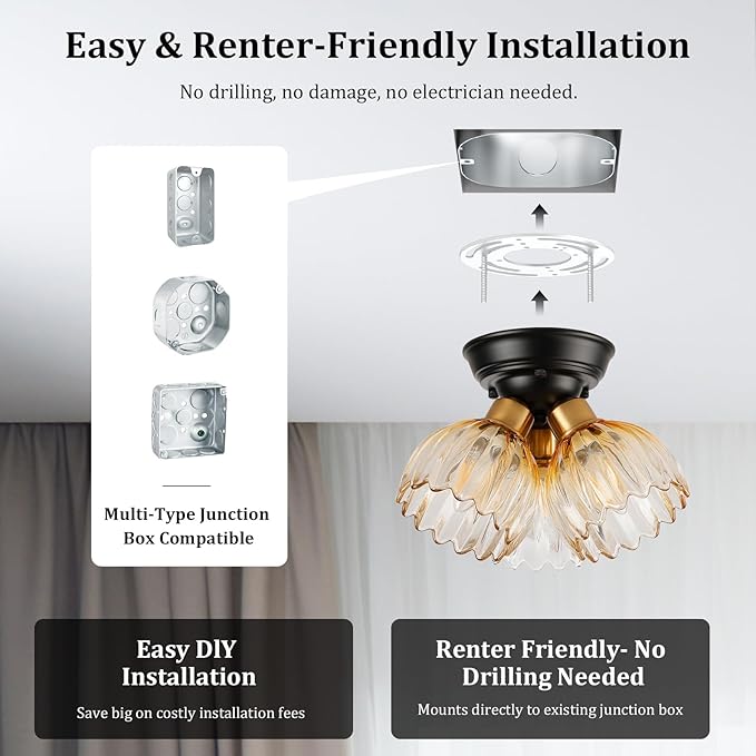 TALOYA Semi Flush Mount Ceiling Light,3-Light Close to Ceiling Light Fixtures with Amber Tulip Glass Shades Modern Farmhouse Lighting Fixtures for Hallway Corridor Kitchen Bathroom Bedroom Passway