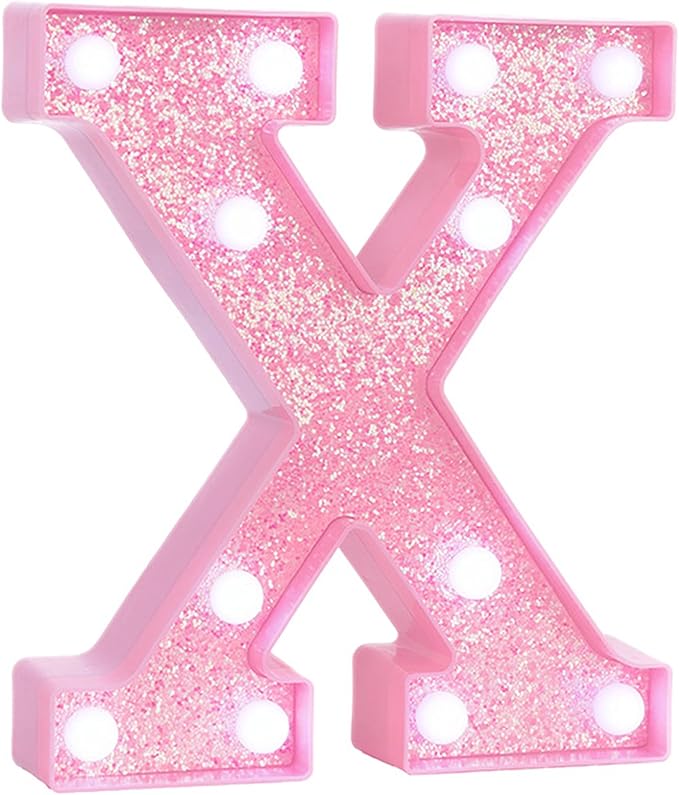 Pink Marquee Light Up Letters, Glitter Alphabet LED Letter Lights for Pink Birthday Party Decorations, Battery Operated Letter Sign for Girls Room Vanity Table Decor, Cool White Lights Letter X