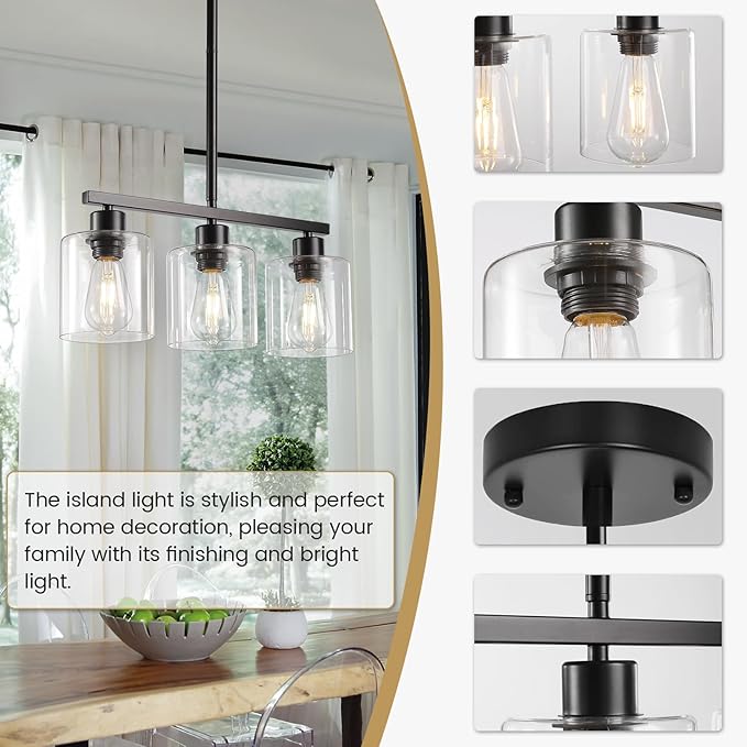 3-Light Kitchen Island Lighting, Black Pendant Light Fixture, Farmhouse Dining Room Light Fixtures Over Table, Modern Hanging Light Fixtures with Clear Glass, E26 Base, Bulbs Not Included