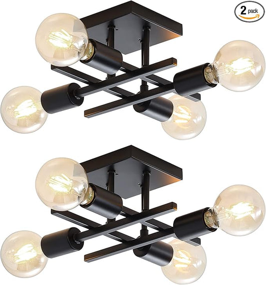 2 Pack Industrial 4-Light Semi Flush Mount Ceiling Light Fixture, Modern Black Chandelier Lighting, Farmhouse Sputnik Ceiling Lamp, E26 Base Pendant Lights for Bedroom Living Room Entryway