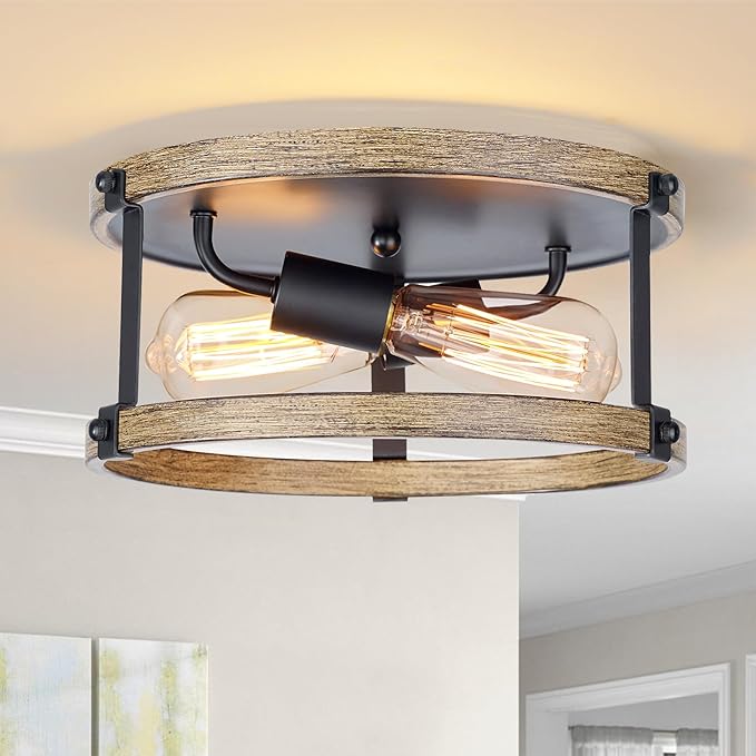 Farmhouse Flush Mount Ceiling Light Fixture, 12.5 Inch 2-Light Rustic Ceiling Mount Light Fixtures, Round Drum Brown Wood Finish Flush Mount Lights for Kitchen Bedroom Hallway Dining Room