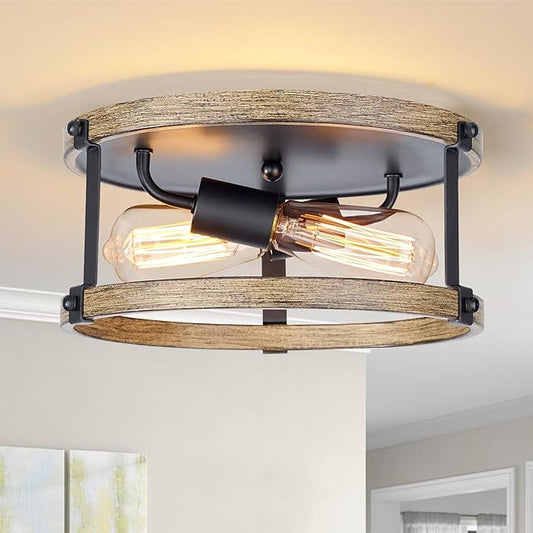 Farmhouse Flush Mount Ceiling Light Fixture, 12.5 Inch 2-Light Rustic Ceiling Mount Light Fixtures, Round Drum Brown Wood Finish Flush Mount Lights for Kitchen Bedroom Hallway Dining Room