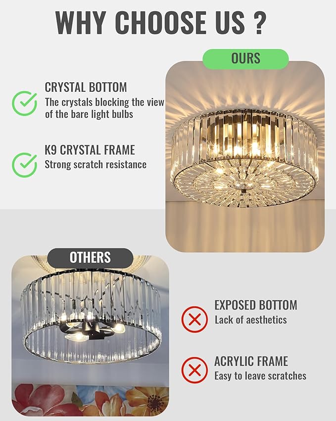 Large Crystal Ceiling Light, 17.5" Black K9 Crystal Flush Mount Ceiling Light, 4-Light Round Luxury Light Fixture for Dining Room, Bedroom, Hotel, Living Room, XDD007-4-BK