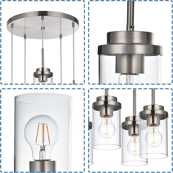 MELUCEE 5-Light Cluster Pendant Lights Stairwell Lighting Brushed Nickel Chandelier for Dining Room, Modern Kitchen Island Pendant Lighting Adjustable Hanging Ceiling Lamp with Clear Glass Shade