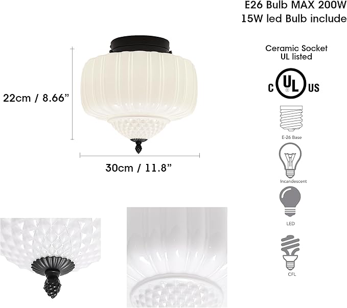 Milk Glass Semi Flush Mount Ceiling Light, 12" Mid Century Modern Schoolhouse Close to Ceiling Light Fixtures, Black White Vintage Light fixtures For Bedroom Kitchen Living Room Entryway Hallway Foyer