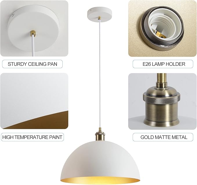 White and Gold Chandelier: 13.7 Inch Retro Farmhouse Style Dome Pendant Light for Kitchen Island, Bedroom, Dining Room, Living Room, and Corridor