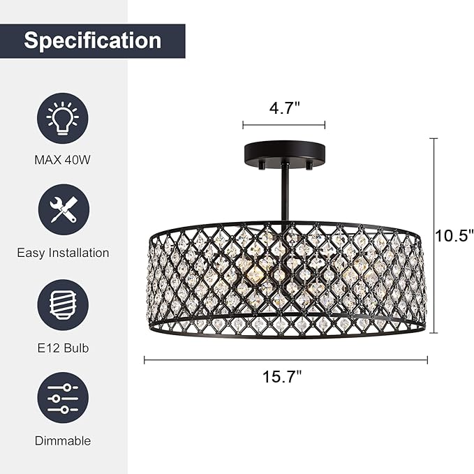 Black Crystal Ceiling Light Fixture,Modern Semi Flush Mount Ceiling Lighting Fixture,Round Small Chandelier for Dining Room, Hallway, Entryway, Kitchen, Bedroom,Foyer,4 Light,15.7 inch
