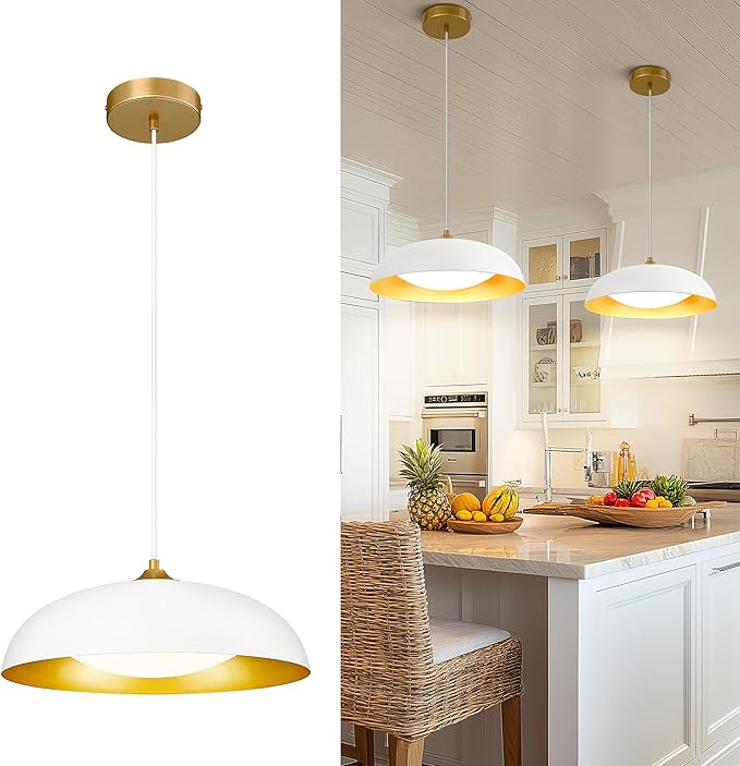kudos LED Pendant Light Fixtures, Modern White and Gold Pendant Lights, 15 Inch Large Hanging Light Fixtures for Kitchen Island, Dining Room, Living Room, Bedroom, 5CCT Adjustable, KDPL02-WT
