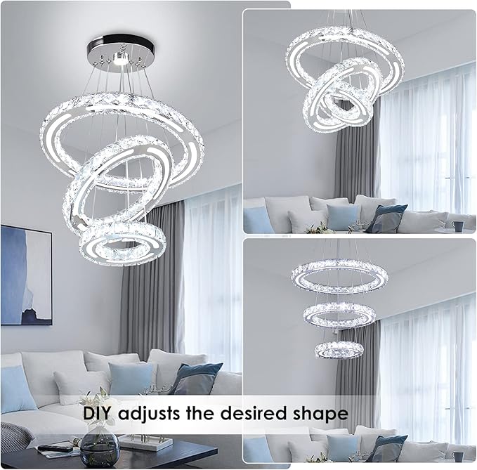 CXGLEAMING Chandeliers Modern Ceiling LED Fixture 3 Rings Adjustable Crystal Light Fixture Ceiling Hanging Pendant Light for Living Room Dining Bedrooms Hall 180mm Base 153 Crystals（White Light）