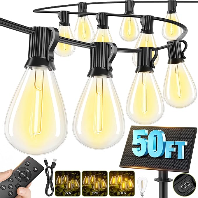 50FT Solar String Lights Outdoor Waterproof, 18+1 LED Solar Powered Lights with Remote Control, 3 Light Modes & Dimmable, USB-C Charging for Patio, Backyard, Garden, Camping
