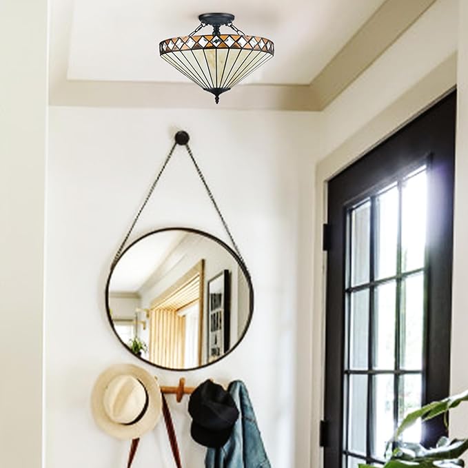 16.6-Inch Tiffany Style Semi Flush Mount Ceiling Light Vintage 3-Light Tiffany Ceiling Light Fixture Stained Glass Flush Mount Ceiling Light for Living Room Bedroom Hallway Staircase Foyer