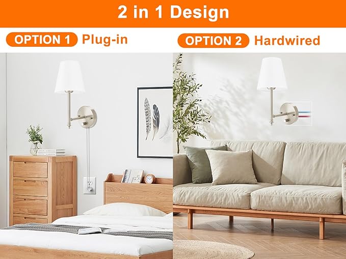 GOODATE Wall Sconces Set of Two with Remote Control, Dimmable, Adjustable Colors 2700-6500K, Plug in Wall Sconces with White Fabric Shades, Plug in Wall Light, Brushed Nickel