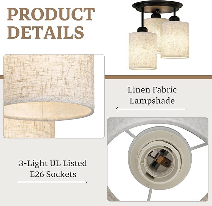 Semi Flush Mount Ceiling Light, 3-Light Close to Ceiling Light Fixtures, Matte Black Kitchen Light Fixtures with Linen Fabric Shade, Hallway Light Fixtures Ceiling Mount for Foyer Entryway