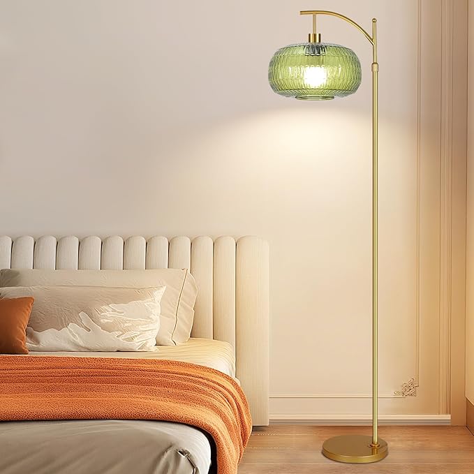 QIYIZM Green Floor Lamp for Living Room,Bedroom,Gold Dimmable Standing Lamp with Remote,Mid Century Modern Brass Tall Lamp Boho Floor Lamps Arc Stained Glass Floor Light Lamp Girls Bohemian