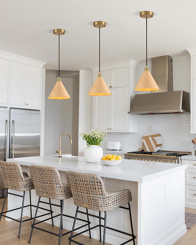 3 Pack Pendant Lights Kitchen Island, 8.3” Modern Pendant Light, Adjustable Height Wood Hanging Light, Kitchen Island Light fixtures for Dining Room, Bedroom, Hallway, Bar(Natural Wood)