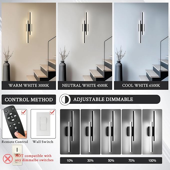 LED Wall Sconce Set of 2 Black Remote Modern LED Vanity Lights Set of 2 Indoor Wall Light Fixtures for Living Room, Dimmable Wall Sconce for Bedside Bedroom Bathroom, 23.6inch 2 Pack