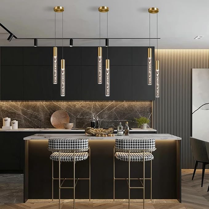 Modern Gold Pendant Light Fixture (2 Lights), 3 Color LED Pendant Light Acrylic Wire Adjustable Ceiling Pendant for Kitchen Island, Living Room, Bedroom, and Dining Room(Gold, 2Light 3pack)