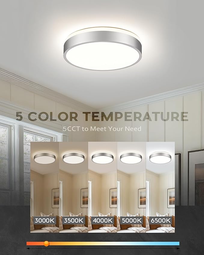 Ken & Ricky Flush Mount Ceiling Light, Dimmable Led Close to Ceiling Light Fixtures for Kitchen Bathroom Bedroom Hallway 5cct (Brushed Nickel, 12 Inch)