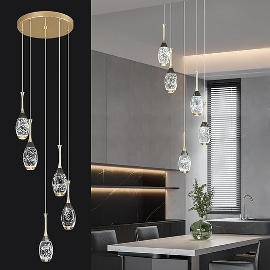 Modern Black Gold Pendant Light Dimmable LED Ceiling Light Fixtures Mini Teardrop Crystal Pendant Lighting for Kitchen Island Bedroom Hallway Entryway (5 Light，Champagne Gold)