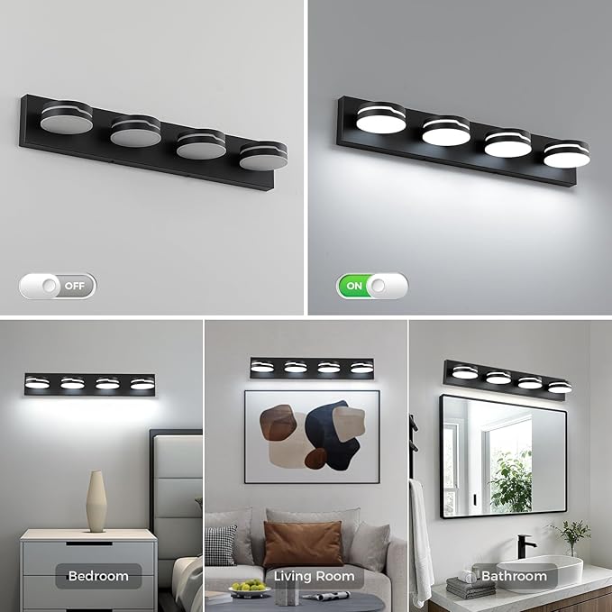 Vanity Lights for Bathroom, 25.6in Matte Black Bathroom Light Fixtures Over Mirror, 4-Light Modern LED Wall Sconce Makeup Lighting, 350° Rotatable, Dimmable 5500K Cool White, Hardwired