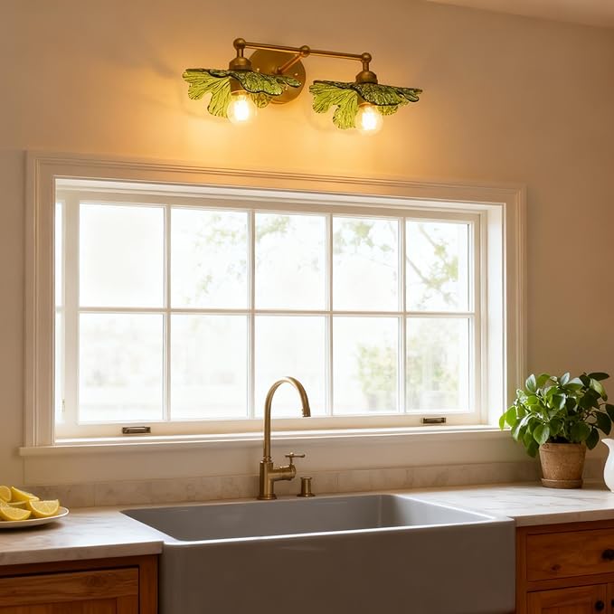 Pathson 2-Lights Wall Sconce Green Petal Glass, Hardwired Double-Head Bathroom Sconces Boho Brass Vanity Light for Wall Decor Living Room, Kitchen Sink, Bedroom, Farmhouse