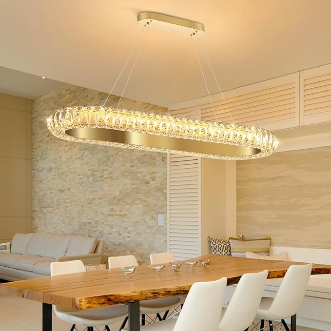 32'' Oval Ring Crystal Chandelier Modern LED Dimmable Ring Pendant Light Chandelier for Dining Room Living Room Gold