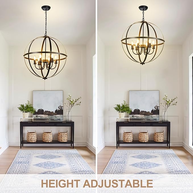 DLLT 6-Light Orb Chandelier, Black and Gold Globe Pendant Lights, Industrial Sphere Pendant Lighting Over Island, Adjustable Hanging Light with Metal Cage for Dining Room Foyer, E12 Bulbs Not Included